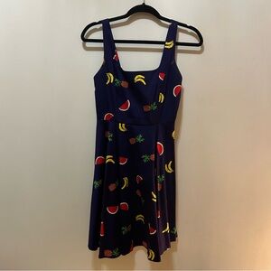 Fruit Print A-line Dress | Navy blue | size Medium